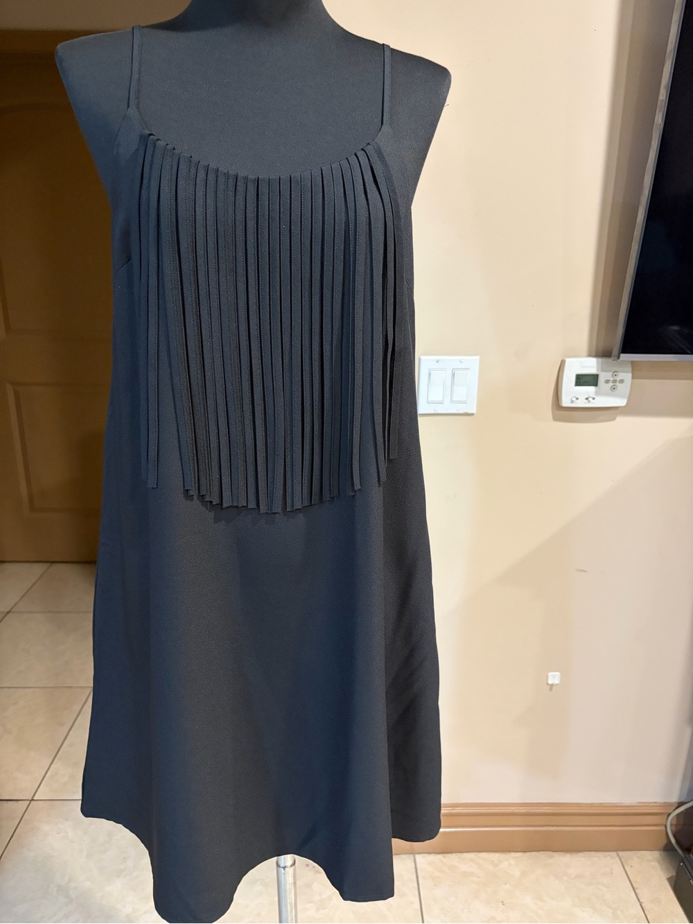 Gianni Bini black pleated mini dress with fringe detail, size S